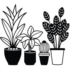 Four Potted Houseplants in Black Silhouette on White Background potted plants indoor plants