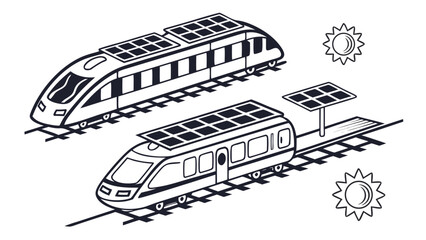 Vector art of two solar panel trains on railway with sun