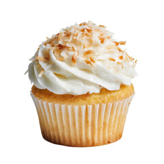 A single cupcake with vanilla frosting and toasted coconut flakes [Transparent Background PNG].