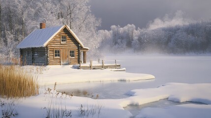 A serene winter scene featuring a rustic wooden cabin by a frozen lake, surrounded by snow-covered trees and gentle fog.