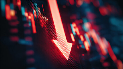 Close-up glowing red downward arrow graph on digital screen with blurred stock charts symbolizing financial loss and economic decline
