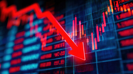 Close-up glowing red downward arrow graph on digital screen with blurred stock charts symbolizing financial loss and economic decline