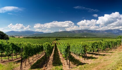 Obraz premium vast vineyard landscape showcases neatly arranged green grapevines under bright blue skies with fluffy clouds and distant mountains in soft hues