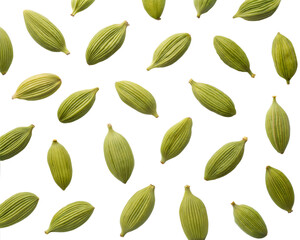 Fototapeta premium Green cardamom pods scattered on a black background isolated on transparent background