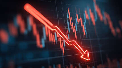 Close-up glowing red downward arrow graph on digital screen with blurred stock charts symbolizing financial loss and economic decline