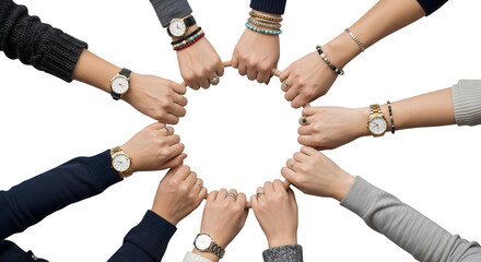 Diverse group of hands forming a circle of unity and teamwork.