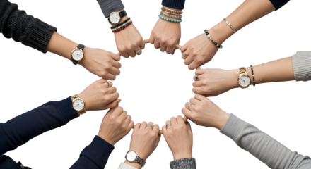 Diverse group of hands forming a circle of unity and teamwork.