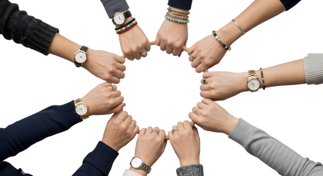 Diverse group of hands forming a circle of unity and teamwork.
