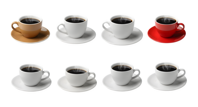 Eight cups of coffee with one red and one brown cup standing out from the rest.