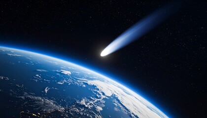 Fototapeta premium Approaching Comet Dramatic Space View with Earth with Night Sky, and Asteroid Impact Concept.