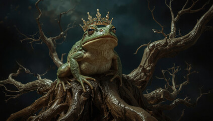 A giant swamp toad sits on a curved tree root, wearing a crown