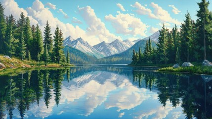 A serene landscape featuring a calm lake surrounded by majestic mountains and lush greenery, reflecting the beauty of nature under a clear blue sky.
