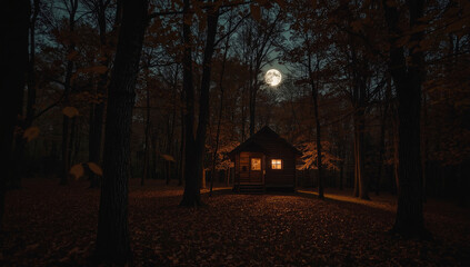 A small wooden cabin on the edge of an autumn forest under a full moon