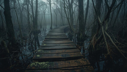 An old wooden path winds through a foggy swamp