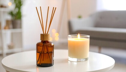 Aromatherapy setup with reed diffuser  candle on table with cozy living room background.