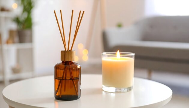 Aromatherapy setup with reed diffuser  candle on table with cozy living room background.