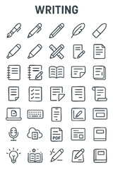 Minimalist Writing Icon Set Featuring Pens, Documents, Ideas, and Creative Tools in Line Style