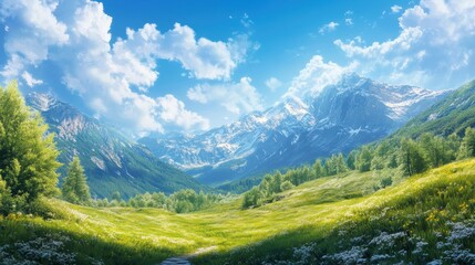 A serene landscape featuring lush green meadows, towering mountains, and a bright blue sky with fluffy clouds.