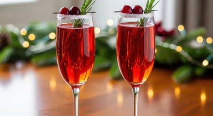 Festive Red Holiday Drinks with Cranberries and Rosemary Garnishes