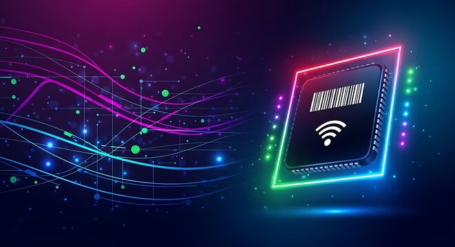 Futuristic digital abstract with glowing neon lines and a central glowing frame containing a wifi symbol representing connectivity and technology - Powered by Adobe