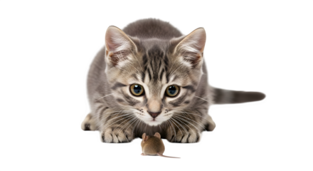 Focused Kitten with Captured Mouse.