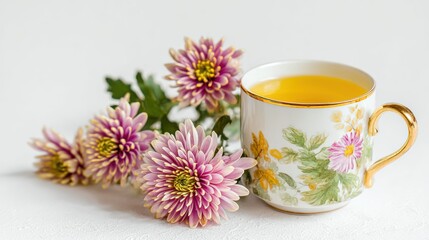 A beautiful floral tea set with a cup filled with herbal tea and fresh pink flowers on a light background.