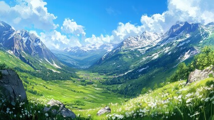 A stunning panoramic view of lush green valleys surrounded by majestic mountains and bright blue skies dotted with fluffy clouds.
