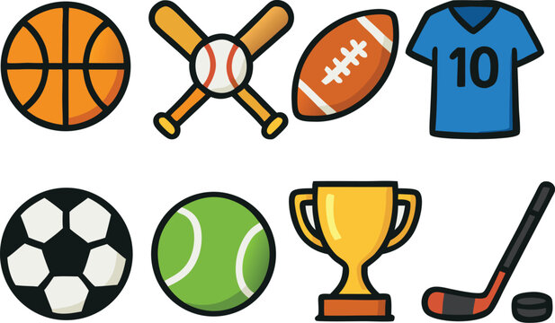 Vibrant collection of essential sports icons for game day designs and athletic event promotions