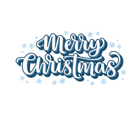 Merry Christmas phrase hand lettering in blue colour with snowflakes