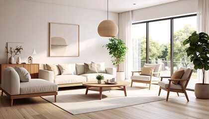 Fototapeta premium Bright Airy Modern Living Room Interior Design with Natural Light Decor.