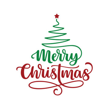 Merry Christmas hand lettering composition with stylized Christmas tree silhouette