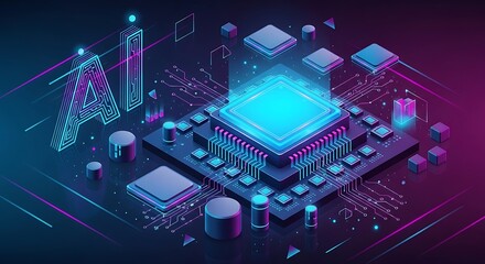 Futuristic glowing central processing unit with intricate circuitry and neon blue and purple lighting representing advanced technology and digital innovation
