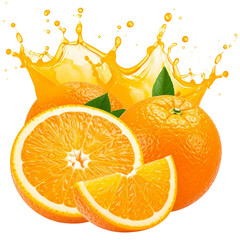 oranges with juice splash isolated on white and transparent background
