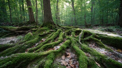 A close-up view of moss-covered tree roots in a lush forest, showcasing nature's intricate beauty and rich greenery.