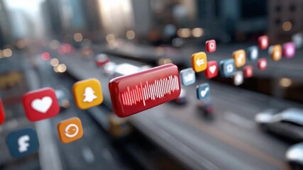 Social Media in Motion: A vibrant display of social media icons floats dynamically above a bustling city highway, highlighting the constant flow of digital connection and information transfer. - Powered by Adobe