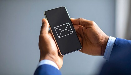 Businessmans hands hold smartphone with email icon with grey background, and modern tech.