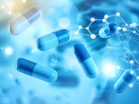 Futuristic blue capsules floating with molecular structure and light effects - Powered by Adobe