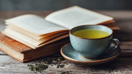 A cozy scene featuring a cup of green tea beside an open book, perfect for relaxation and inspiration.