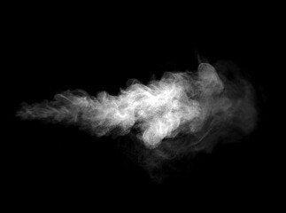 White smoke or steam cloud isolated on black background, abstract mist texture ideal for overlay, design elements, artistic effect, and creative projects in photography or video.