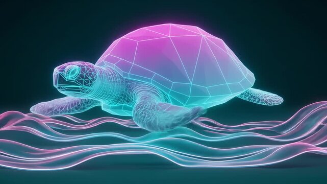 Abstract Turtle swimming in neon pink and blue waves on dark background with futuristic low poly wireframe design.