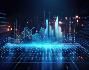 Digital visualization of data analysis featuring futuristic growth graphs. Generated with AI