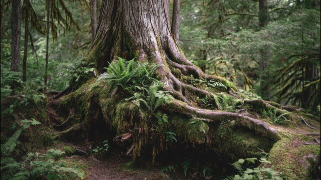 A majestic tree with intricate roots and lush greenery surrounding it, showcasing nature's beauty and resilience.