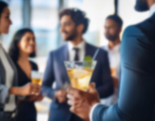 Blurred figures of business professionals conversing over drinks at a networking event. Generated with AI