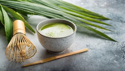 A cup of matcha tea and a bamboo whisk. Generated with AI