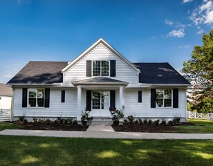 white contemporary farmhouse with clean lines black windows and shaded porch