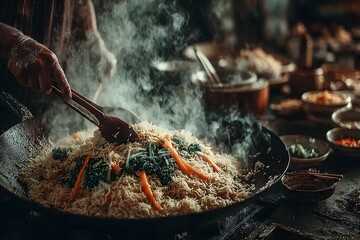 Fototapeta premium Delicious homemade fried rice with chili peppers high resolution picture