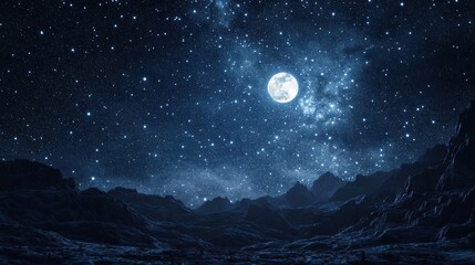 A breathtaking night sky filled with stars and a bright moon illuminating a rocky landscape under a dark blue atmosphere.
