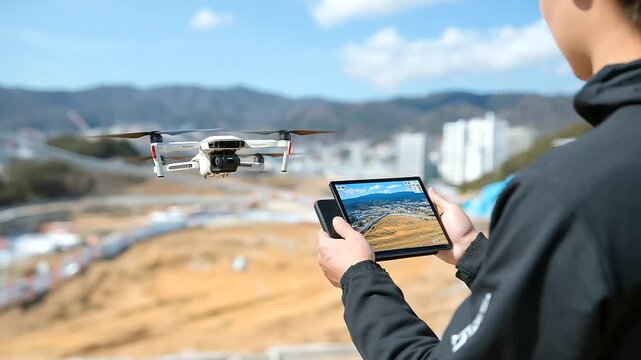 A surveyor maps a construction site with a drone with propellers buzzing a tablet displaying aerial views markers staked below and a field stretching beyond shown in a high