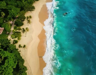 Aerial view of a serene shoreline- a pristine sandy beach meeting gentle turquoise waves. Generated with AI