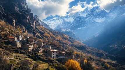 A serene mountain village nestled in lush valleys, surrounded by majestic peaks and vibrant autumn colors under a dramatic sky.